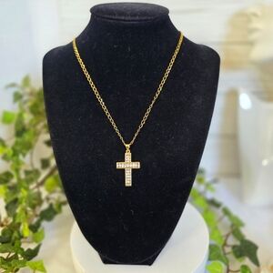 Gold Stainless Steel Chain Necklace with Baguette Cross Charm Pendant